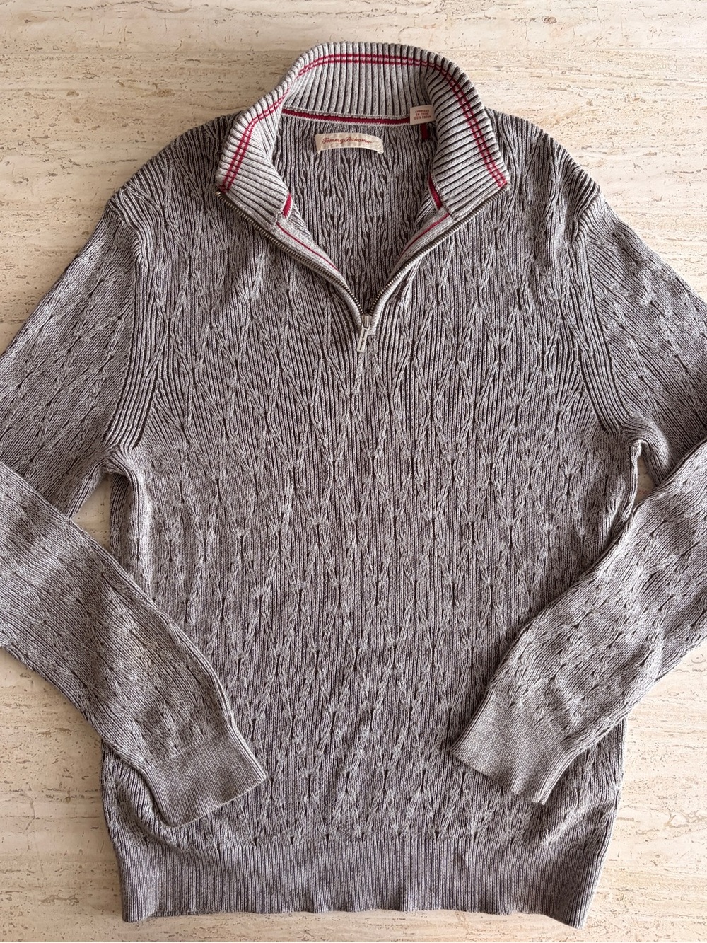 Tommy Bahama Gray Heather Zip-Neck Sweater with Red-Trim Collar